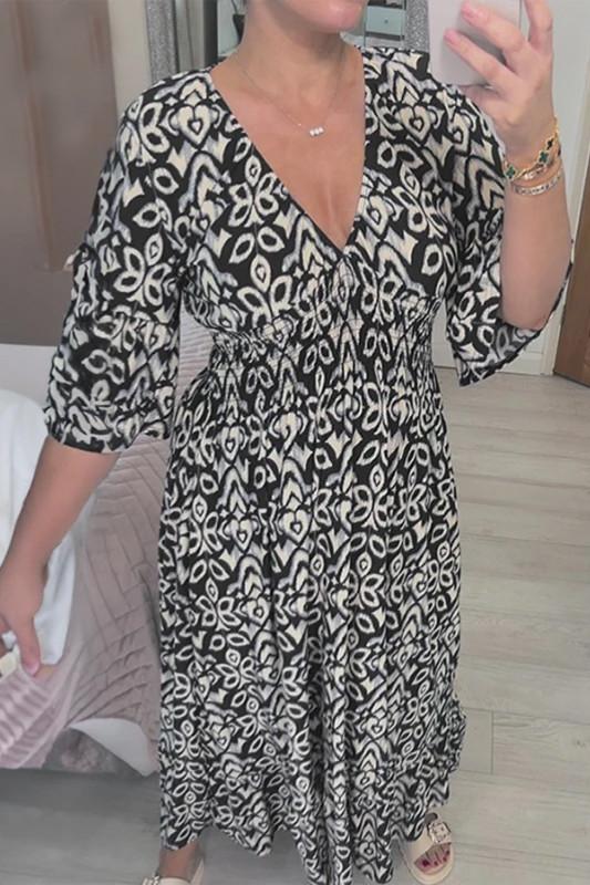 Bohemian Casual Print V-neck Shirred Waist Long Dress