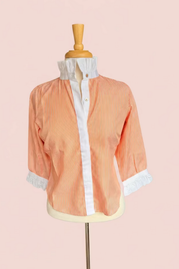 Ruffle Collar Striped 3/4 Sleeve Button-Down Blouse