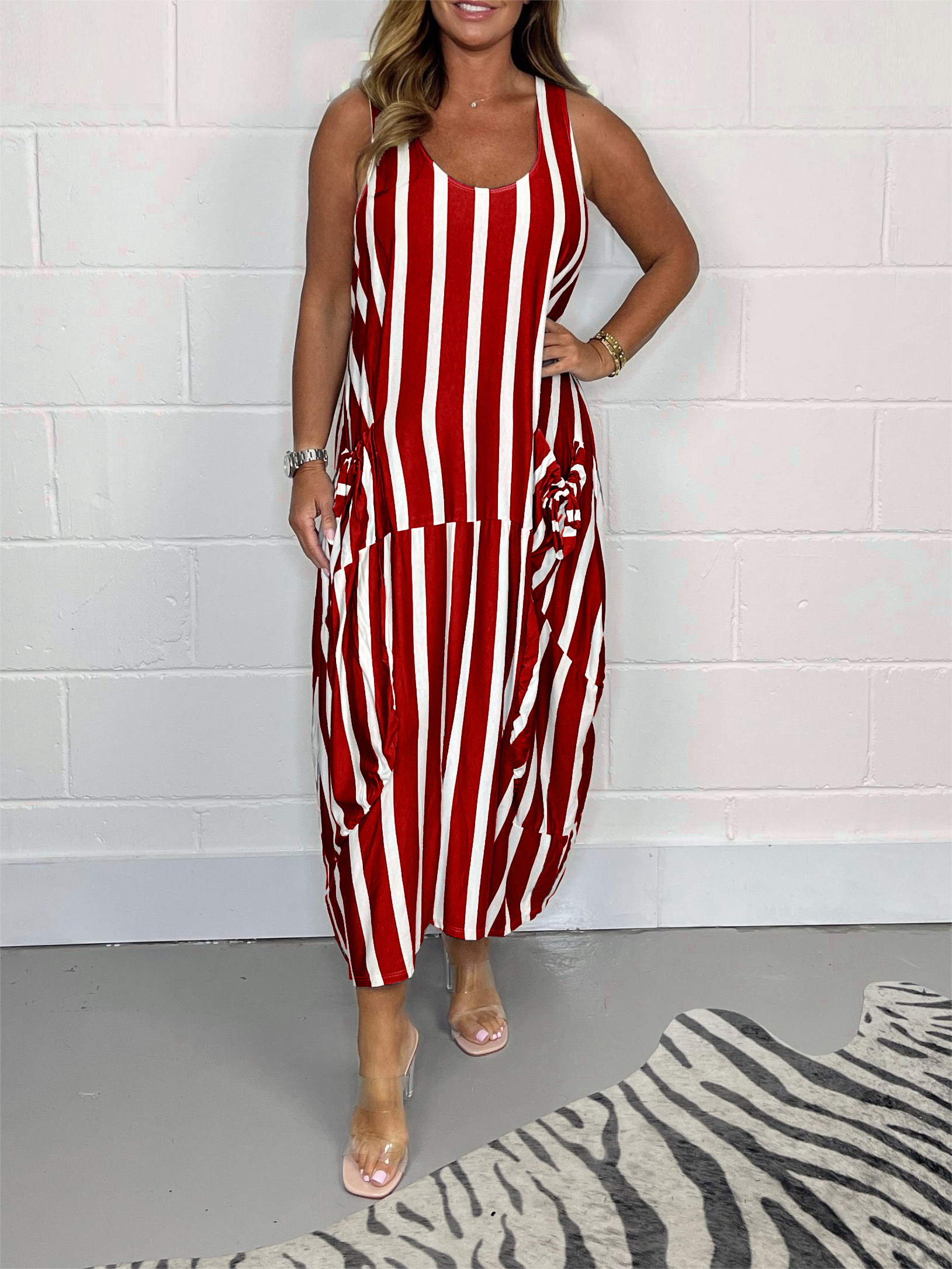 Stripe Oversize Tie Pocket Dress