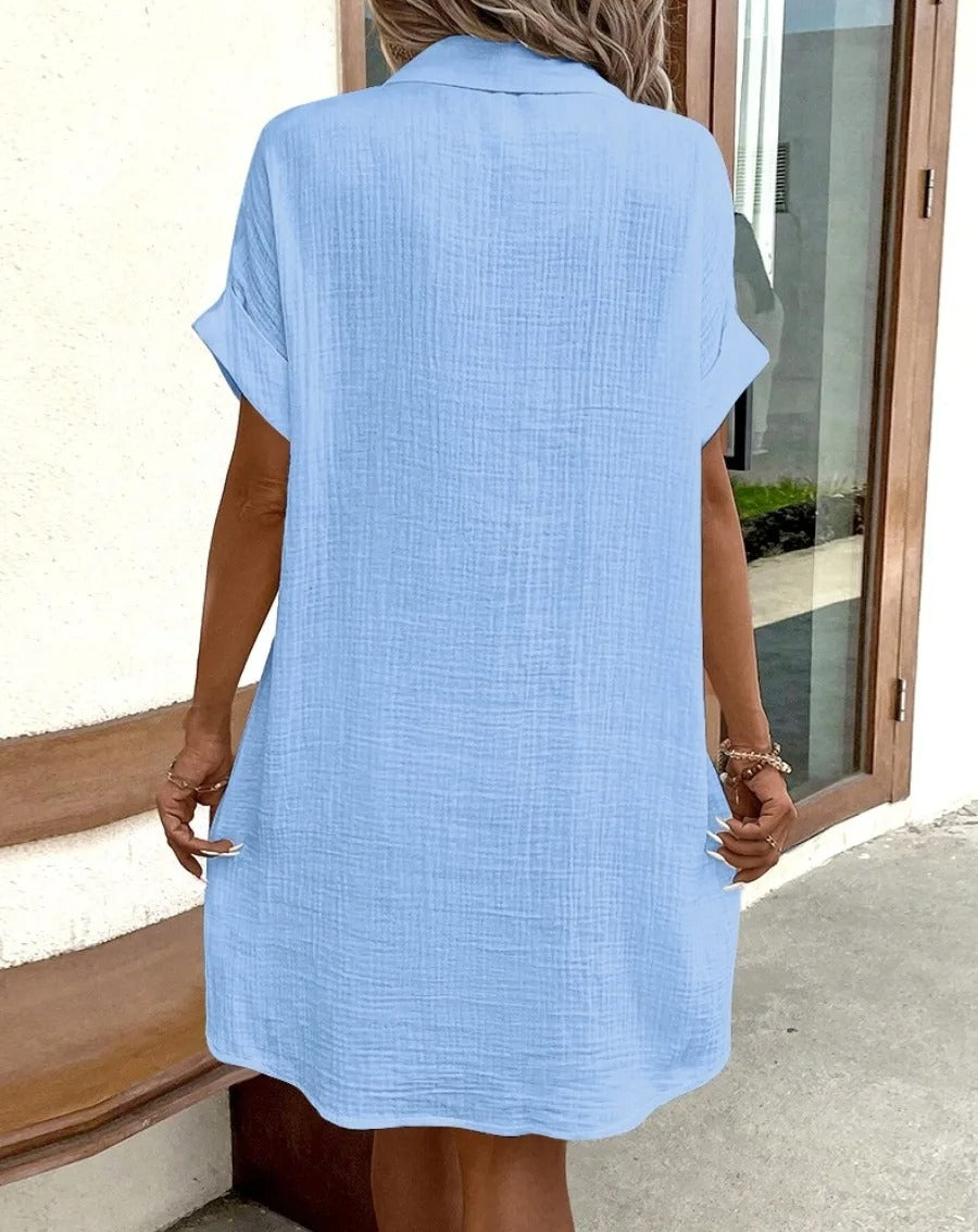 Women's Button Down Linen Shirt Dress With Pockets