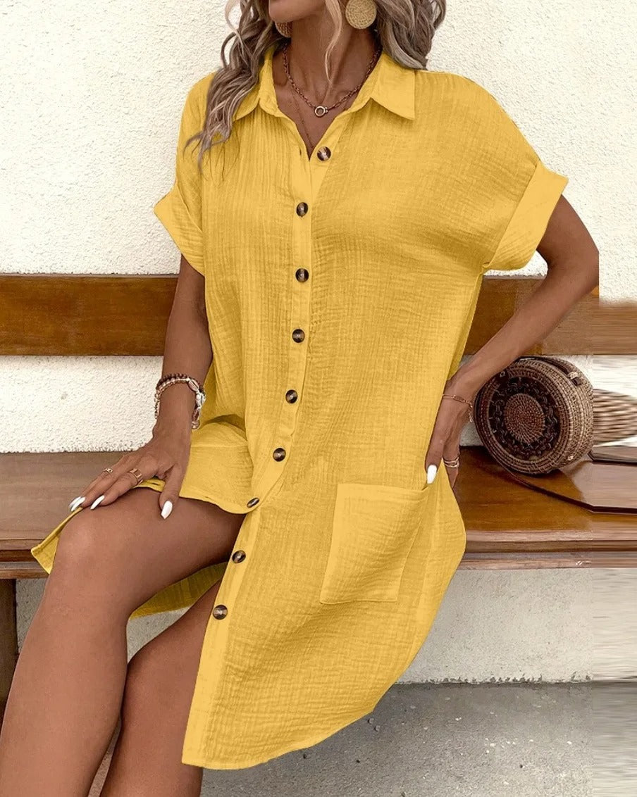 Women's Button Down Linen Shirt Dress With Pockets