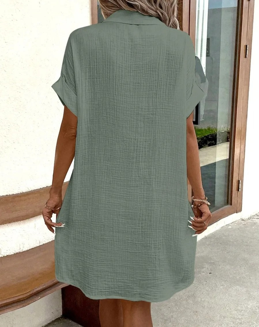 Women's Button Down Linen Shirt Dress With Pockets