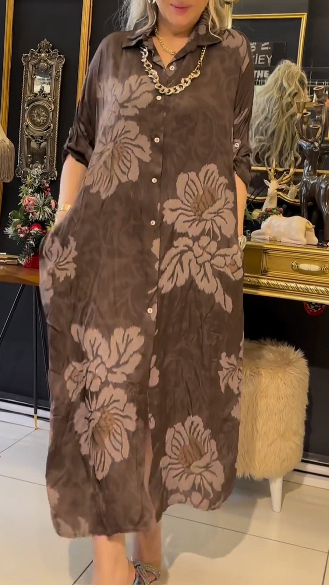 Women's Lapel Sleeve Printed Casual Dress