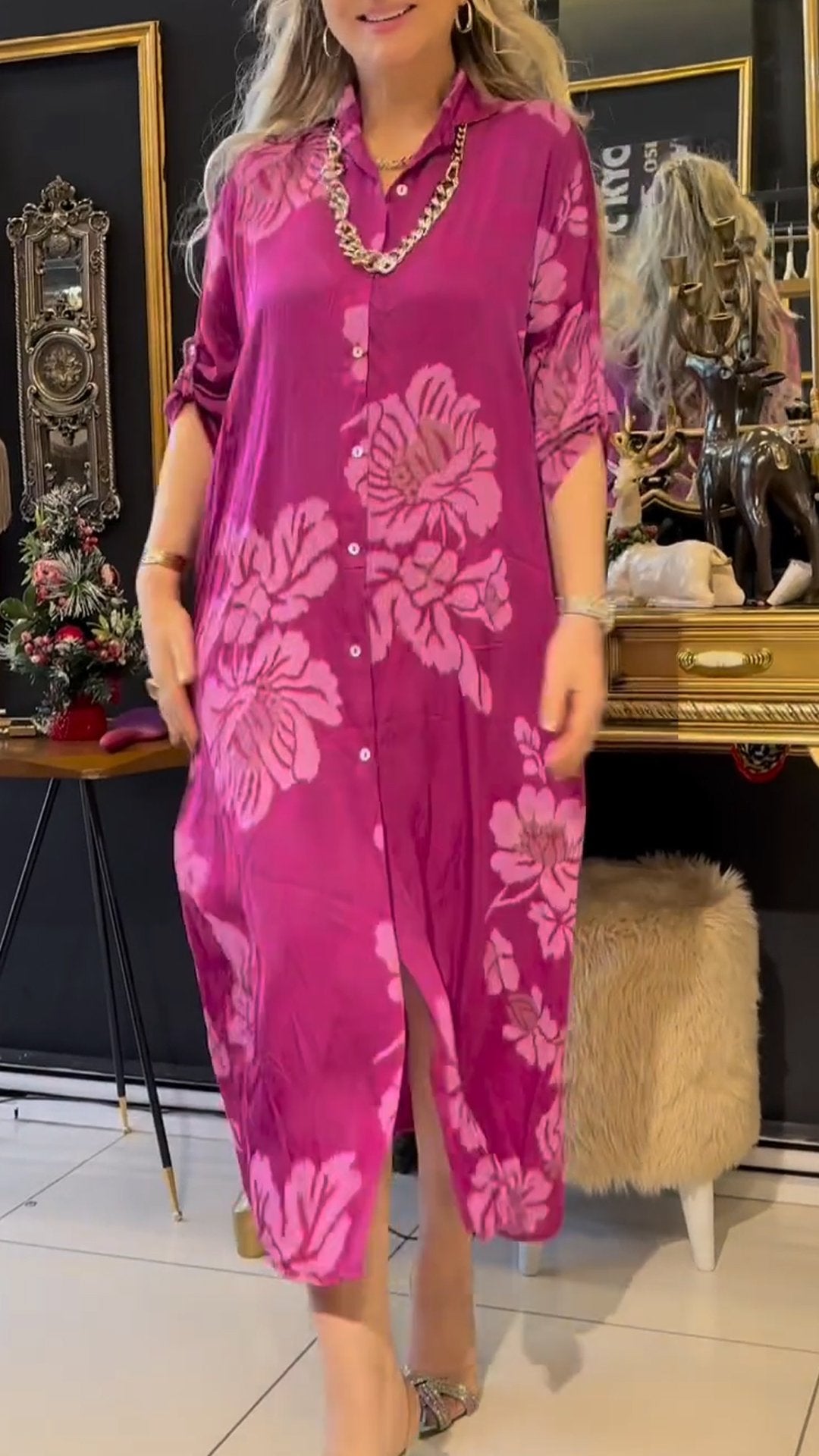 Women's Lapel Sleeve Printed Casual Dress