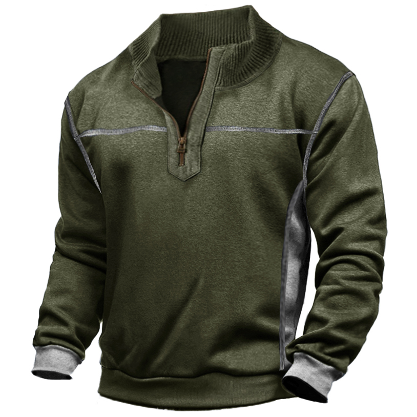 Men's Outdoor Contrast Color Stlicing Zip Stand Collar Tactical Sweatshirt