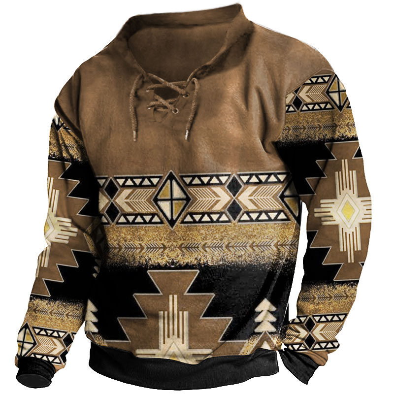 Men's Vintage Ethnic Print Lace Up Stand Collar Sweatshirt