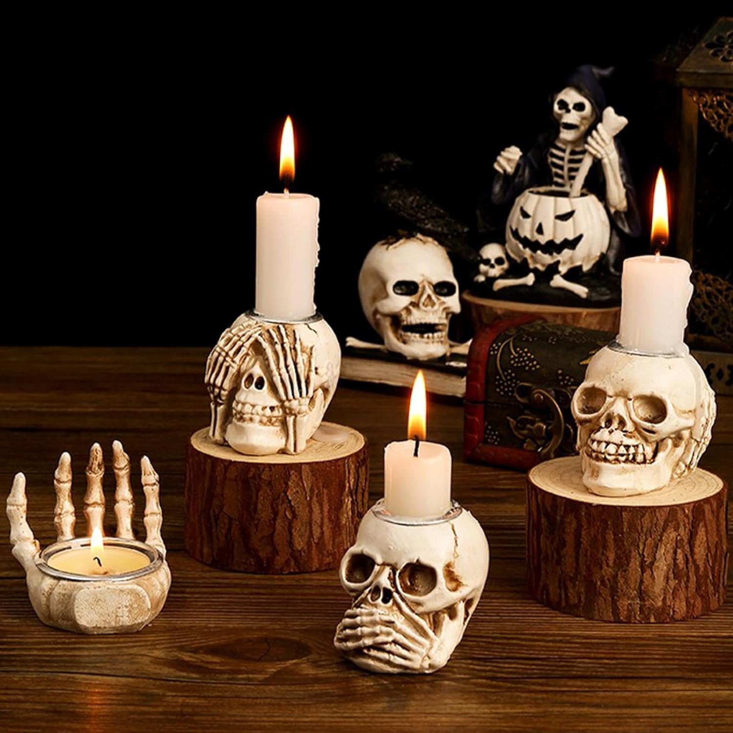 4 Pack Halloween Candle Holders Gothic Skeleton Palm Skull