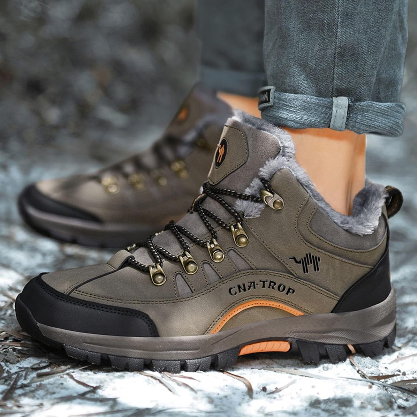 IWIHMIV Mens Outdoor Hiking Shoe Waterproof Warm Snow Boots Lace Up Cotton Hiking Shoes Low-Top Warm Snow Boots