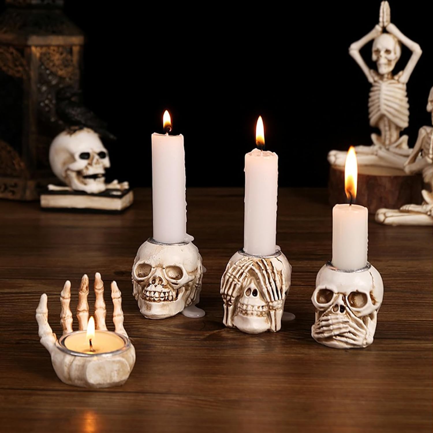 4 Pack Halloween Candle Holders Gothic Skeleton Palm Skull