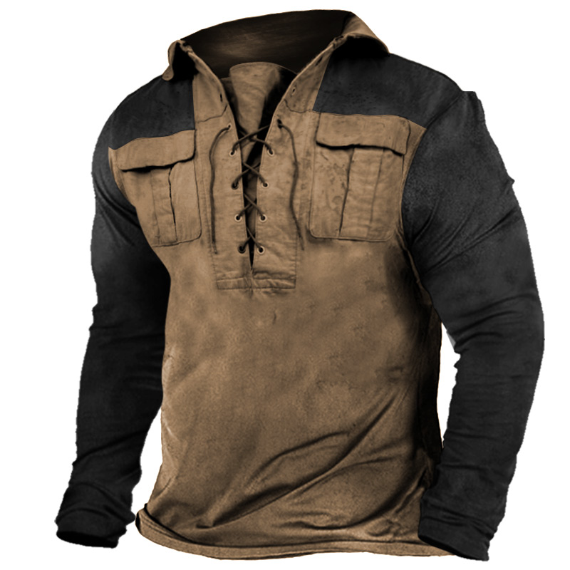 Men's Outdoor Special Training Patchwork Contrast Pocket Lace-Up Tactical T-Shirt