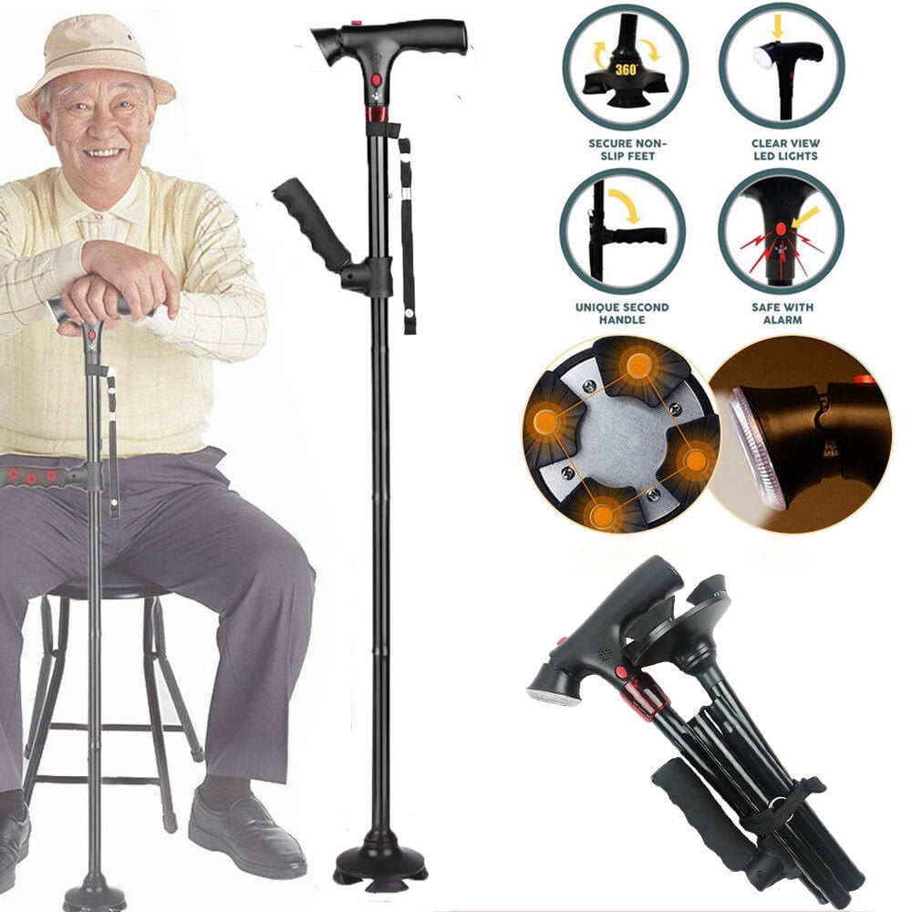 Foldable telescopic elderly walking cane with LED light and alarm
