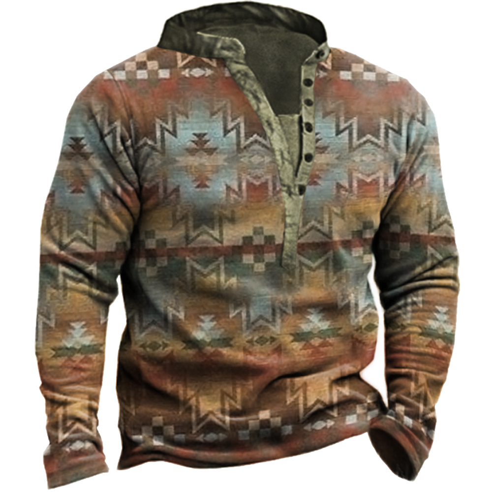 Men's Vintage Ethnic Print Henley Collar Sweatshirt