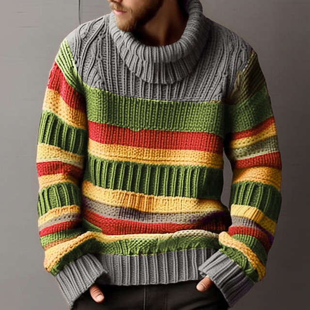 Men's Turtleneck Sweater Basic Striped Knit Sweater