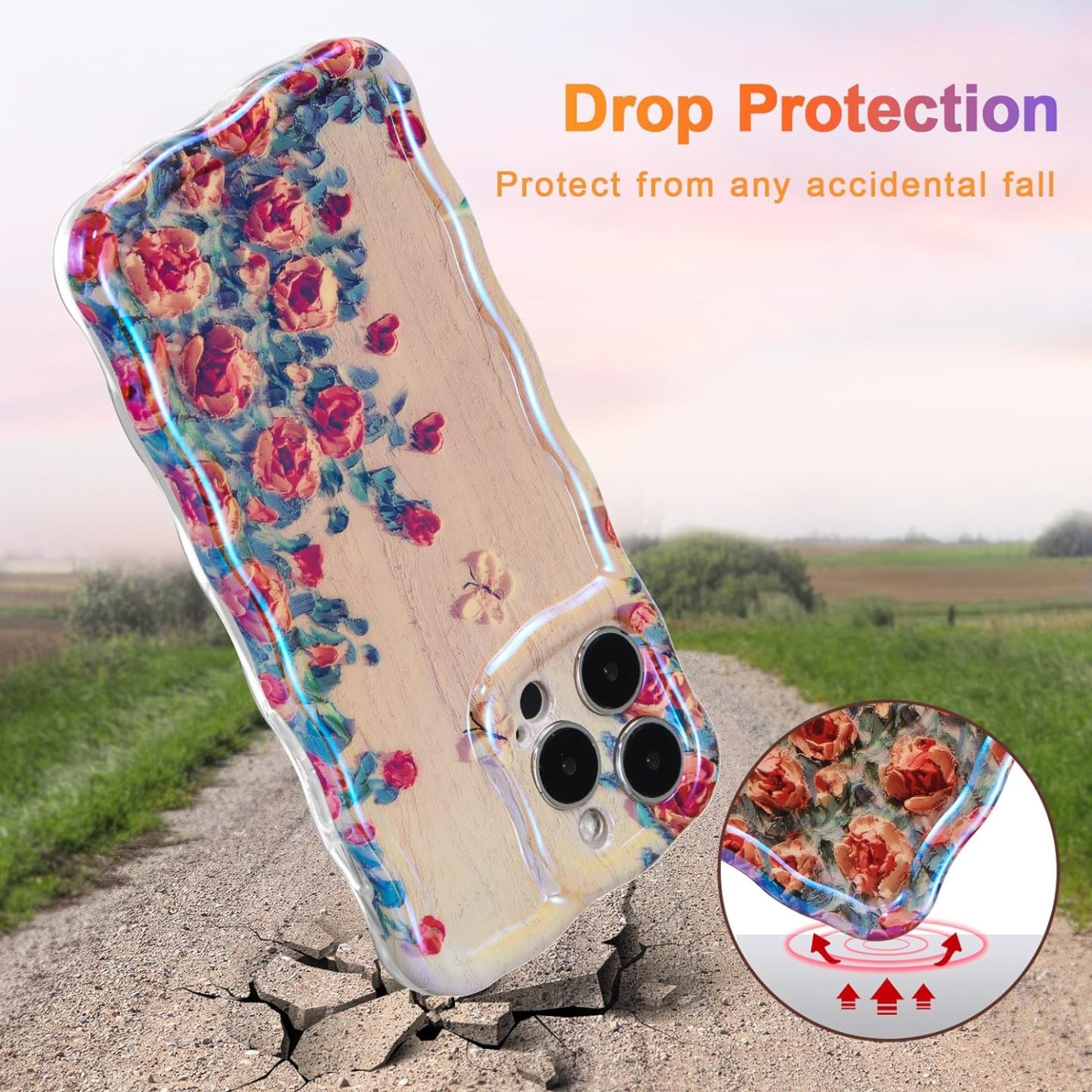 Wellemp Case for iPhone 15 Pro Max, Colorful Retro Oil Painting Printed Flower Laser Glossy Pattern Cute Curly Wave Edge Exquisite Phone Cover Stylish Durable TPU Protective Case for Girls Women