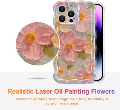 Wellemp Case for iPhone 15 Pro Max, Colorful Retro Oil Painting Printed Flower Laser Glossy Pattern Cute Curly Wave Edge Exquisite Phone Cover Stylish Durable TPU Protective Case for Girls Women