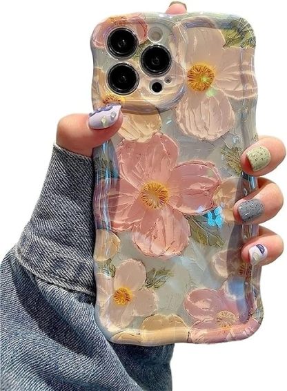 Wellemp Case for iPhone 15 Pro Max, Colorful Retro Oil Painting Printed Flower Laser Glossy Pattern Cute Curly Wave Edge Exquisite Phone Cover Stylish Durable TPU Protective Case for Girls Women