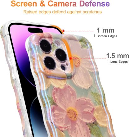 Wellemp Case for iPhone 15 Pro Max, Colorful Retro Oil Painting Printed Flower Laser Glossy Pattern Cute Curly Wave Edge Exquisite Phone Cover Stylish Durable TPU Protective Case for Girls Women