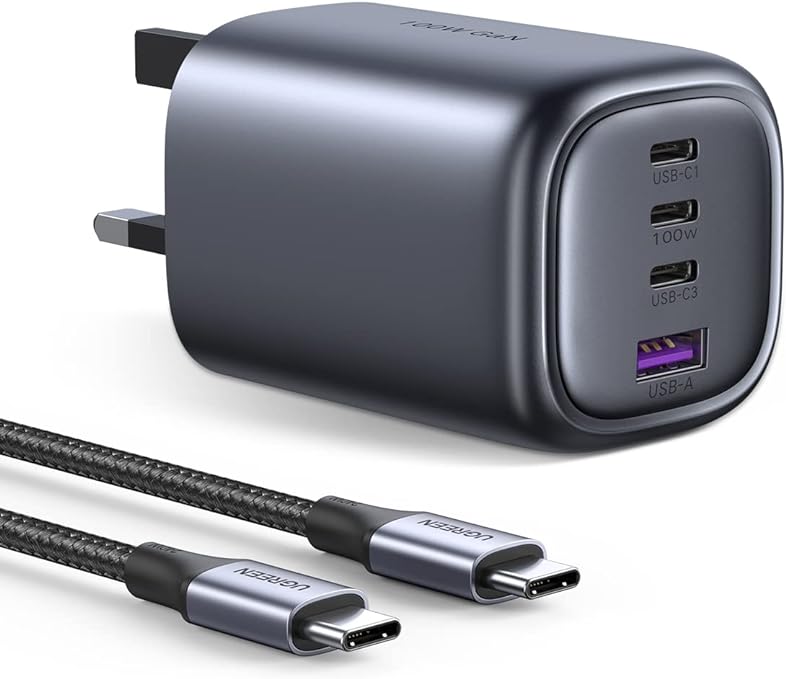 100W USB C Charger Plug, 4-Port GaN Type C Fast Wall Power Adapter Supports 65W 30W SCP FCP QC PD Fast Charging MacBook Pro iPad iPhone 15 Pro Max Galaxy S23 Matebook (100W USBC Cable Included)
