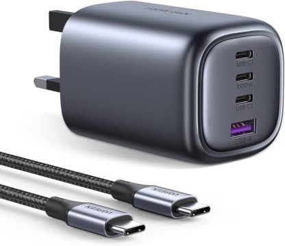 100W USB C Charger Plug, 4-Port GaN Type C Fast Wall Power Adapter Supports 65W 30W SCP FCP QC PD Fast Charging MacBook Pro iPad iPhone 15 Pro Max Galaxy S23 Matebook (100W USBC Cable Included)