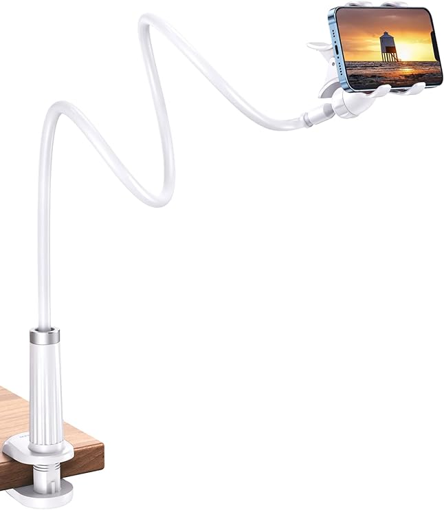 Gooseneck Phone Holder for Bed Flexible Clamp Overhead Long Arm Clip for Desk Compatible with iPhone 15 Pro Max 14 13 12 11 XR XS SE 8 7 6 Samsung Galaxy S23 S22 S21 S20 and More 4-7.2'' 