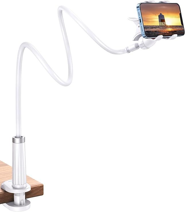 Gooseneck Phone Holder for Bed Flexible Clamp Overhead Long Arm Clip for Desk Compatible with iPhone 15 Pro Max 14 13 12 11 XR XS SE 8 7 6 Samsung Galaxy S23 S22 S21 S20 and More 4-7.2'' 