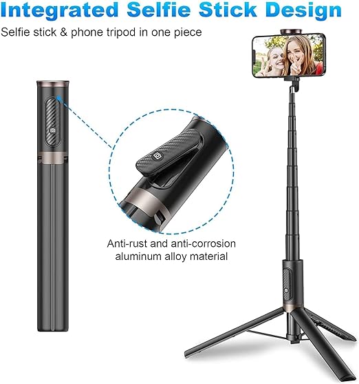 60" Cell Phone Selfie Stick Tripod,Smartphone Tripod Stand All-in-1 with Integrated Wireless Remote,Portable,Lightweight,Extendable Phone Tripod for 4''-7'' iPhone and Android 