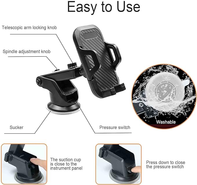 Universal Cell Phone Holder for Car [Solid & Durable] Car Phone Holder Mount for Dashboard Windshield Air Vent Long Arm Strong Suction