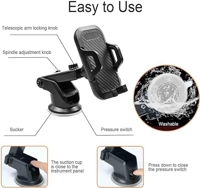 Universal Cell Phone Holder for Car [Solid & Durable] Car Phone Holder Mount for Dashboard Windshield Air Vent Long Arm Strong Suction