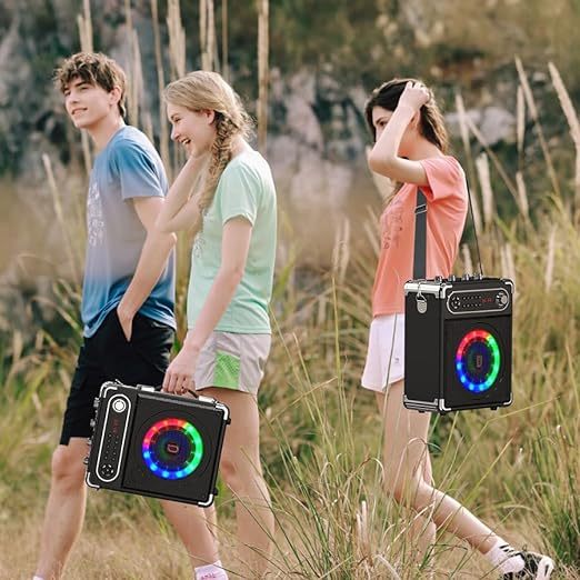 Karaoke Machine with Two Wireless Microphones, Portable Bluetooth Speaker with Bass/Treble Adjustment, Remote Control and LED Lights, Supports TF Card/USB, AUX IN, FM, REC for Party