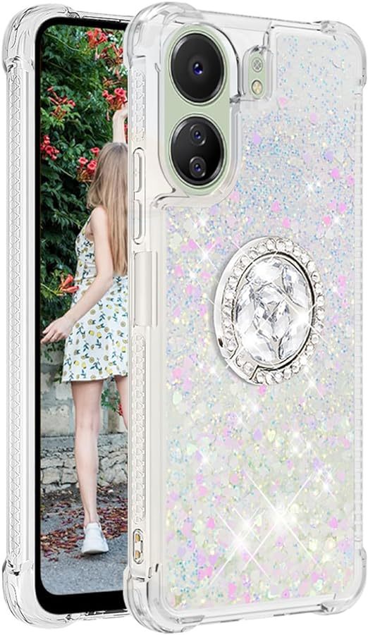 EnZo Quicksand Case for Xiaomi Redmi 13C 4G for Women Girls, Glitter Sparkle Flowing Clear Liquid Cover Case with Bling Diamond Kickstand for Xiaomi Redmi 13C 4G