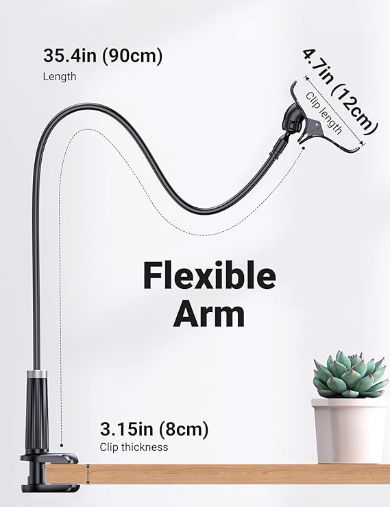 Gooseneck Phone Holder for Bed Flexible Clamp Overhead Long Arm Clip for Desk Compatible with iPhone 15 Pro Max 14 13 12 11 XR XS SE 8 7 6 Samsung Galaxy S23 S22 S21 S20 and More 4-7.2'' 