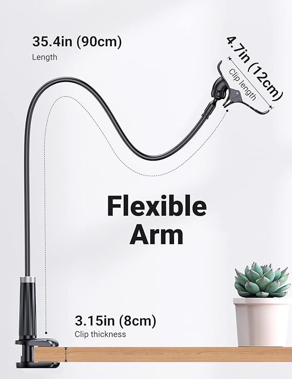 Gooseneck Phone Holder for Bed Flexible Clamp Overhead Long Arm Clip for Desk Compatible with iPhone 15 Pro Max 14 13 12 11 XR XS SE 8 7 6 Samsung Galaxy S23 S22 S21 S20 and More 4-7.2'' 