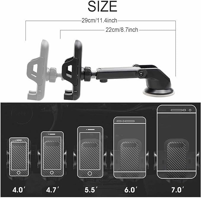 Universal Cell Phone Holder for Car [Solid & Durable] Car Phone Holder Mount for Dashboard Windshield Air Vent Long Arm Strong Suction