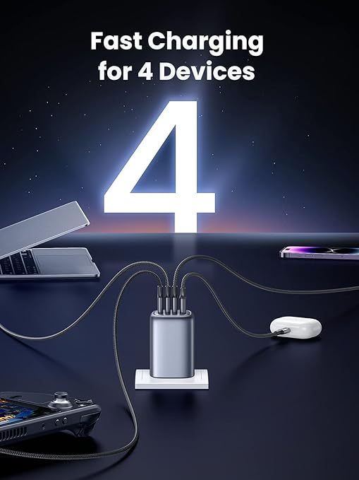 100W USB C Charger Plug, 4-Port GaN Type C Fast Wall Power Adapter Supports 65W 30W SCP FCP QC PD Fast Charging MacBook Pro iPad iPhone 15 Pro Max Galaxy S23 Matebook (100W USBC Cable Included)