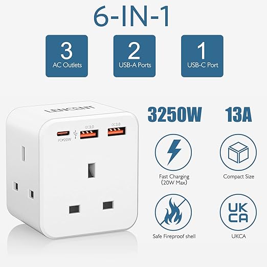 Multi Plug Extension, 3 Way 3 Plugs Socket adapter, 6-in-1 Cube Electrical Extender Outlet Adaptor, PD&QC 3.0 20W USB Wall Charger, Plug Expander for Home, Office, Kitchen, 13A 3250W…