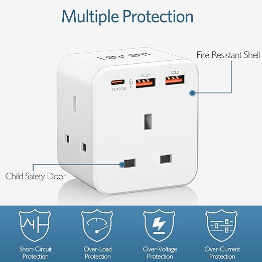 Multi Plug Extension, 3 Way 3 Plugs Socket adapter, 6-in-1 Cube Electrical Extender Outlet Adaptor, PD&QC 3.0 20W USB Wall Charger, Plug Expander for Home, Office, Kitchen, 13A 3250W…
