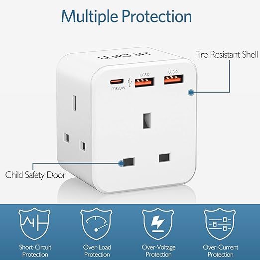 Multi Plug Extension, 3 Way 3 Plugs Socket adapter, 6-in-1 Cube Electrical Extender Outlet Adaptor, PD&QC 3.0 20W USB Wall Charger, Plug Expander for Home, Office, Kitchen, 13A 3250W…