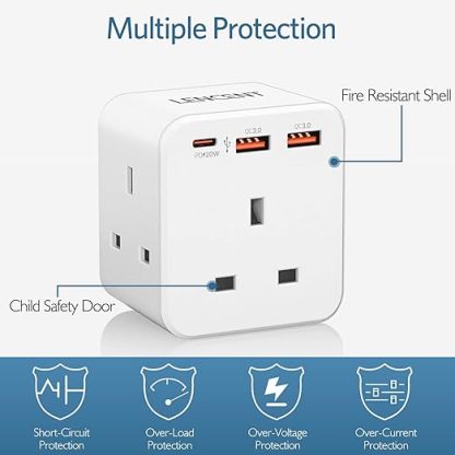 Multi Plug Extension, 3 Way 3 Plugs Socket adapter, 6-in-1 Cube Electrical Extender Outlet Adaptor, PD&QC 3.0 20W USB Wall Charger, Plug Expander for Home, Office, Kitchen, 13A 3250W…