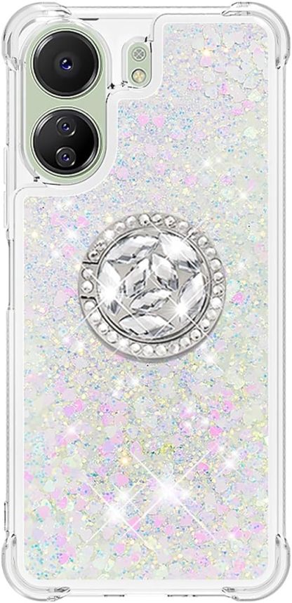 EnZo Quicksand Case for Xiaomi Redmi 13C 4G for Women Girls, Glitter Sparkle Flowing Clear Liquid Cover Case with Bling Diamond Kickstand for Xiaomi Redmi 13C 4G
