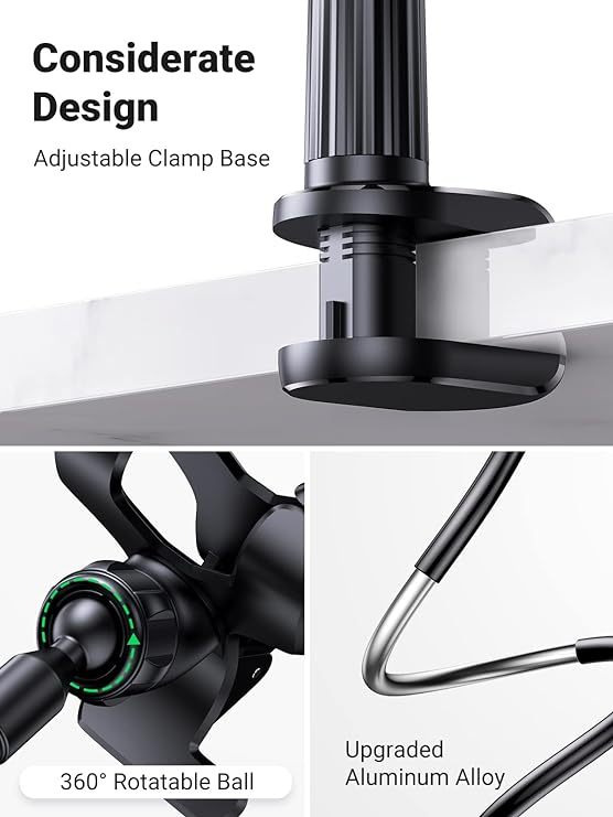 Gooseneck Phone Holder for Bed Flexible Clamp Overhead Long Arm Clip for Desk Compatible with iPhone 15 Pro Max 14 13 12 11 XR XS SE 8 7 6 Samsung Galaxy S23 S22 S21 S20 and More 4-7.2'' 