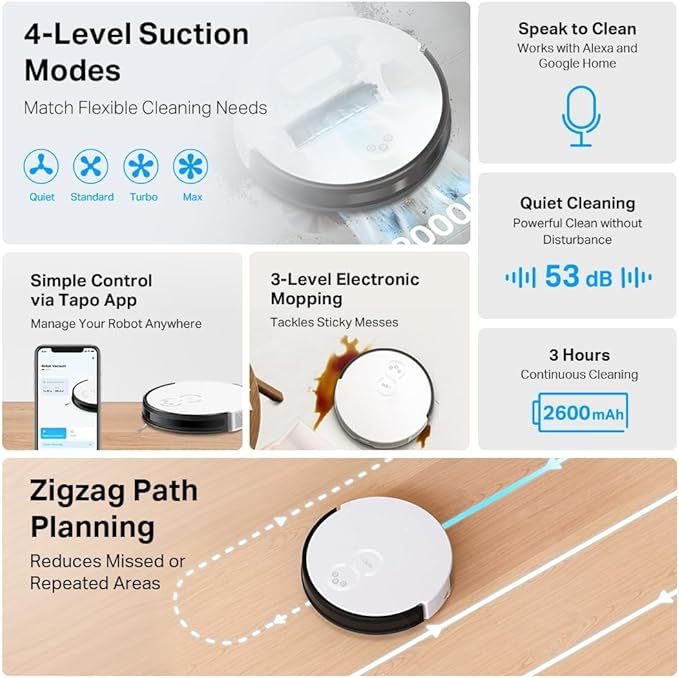 2-in-1 Robotic Vacuum Cleaner & Mop, 4-Level 2000Pa Suction, Google Assistant Alexa Compatible | Auto-Charging Auto-Boost 3-Hour Continuous Cleaning Hub Included