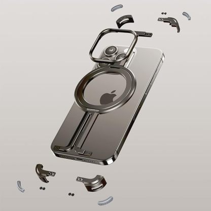 iPhone 15 Pro Frameless Case, Sleek Minimalist Protective Shock Absorption Aerospace Grade Aluminum Shells with Built-in Kickstand Phone Case (Natural Titanium, iPhone 15 Pro)