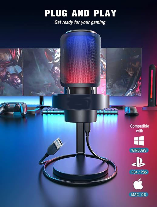 Gaming PC Microphone, USB Desktop Condenser RGB Control Mic for Recording Streaming Podcasts YouTube on Mac/Computer/PS4/PS5, with Mute Button, Mic Gain, Headphone Jack, Monitoring-A8