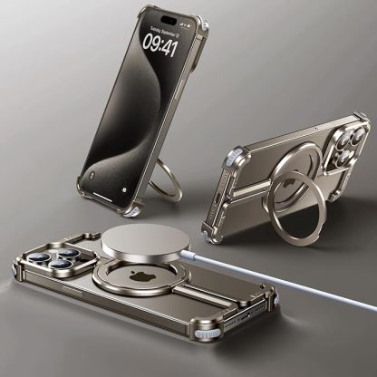 iPhone 15 Pro Frameless Case, Sleek Minimalist Protective Shock Absorption Aerospace Grade Aluminum Shells with Built-in Kickstand Phone Case (Natural Titanium, iPhone 15 Pro)