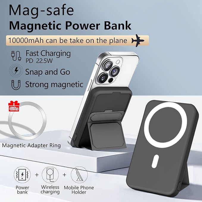 Magnetic Wireless Power Bank,10000mAh Mag-Safe Battery Pack Foldable Portable Charger,PD 22.5W Fast Charging External Battery with LED Display for iPhone 15/15 Pro/Pro Max/14/13/12/Mini