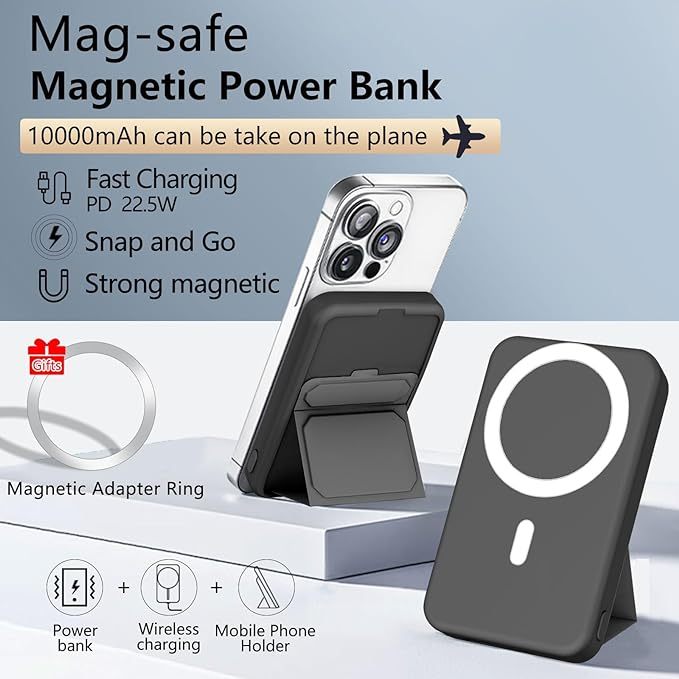 Magnetic Wireless Power Bank,10000mAh Mag-Safe Battery Pack Foldable Portable Charger,PD 22.5W Fast Charging External Battery with LED Display for iPhone 15/15 Pro/Pro Max/14/13/12/Mini