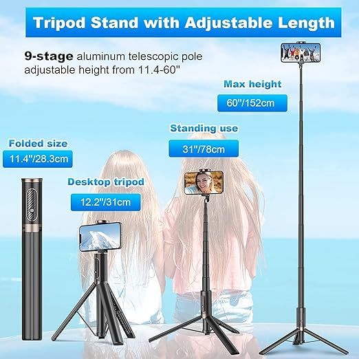 60" Cell Phone Selfie Stick Tripod,Smartphone Tripod Stand All-in-1 with Integrated Wireless Remote,Portable,Lightweight,Extendable Phone Tripod for 4''-7'' iPhone and Android 