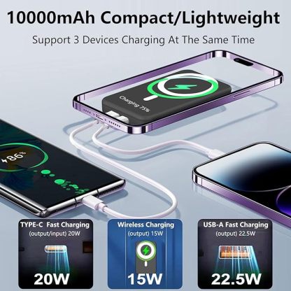 Magnetic Wireless Power Bank,10000mAh Mag-Safe Battery Pack Foldable Portable Charger,PD 22.5W Fast Charging External Battery with LED Display for iPhone 15/15 Pro/Pro Max/14/13/12/Mini