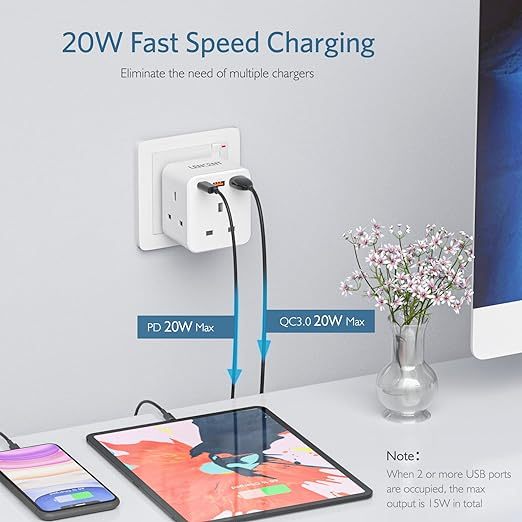 Multi Plug Extension, 3 Way 3 Plugs Socket adapter, 6-in-1 Cube Electrical Extender Outlet Adaptor, PD&QC 3.0 20W USB Wall Charger, Plug Expander for Home, Office, Kitchen, 13A 3250W…