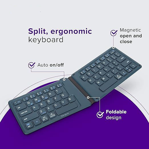 Ergonomic Foldable Bluetooth Keyboard, Split Travel Keyboard Wireless, Rechargeable Portable Wireless Keyboard for Android iPhone Microsoft & Apple Tablets